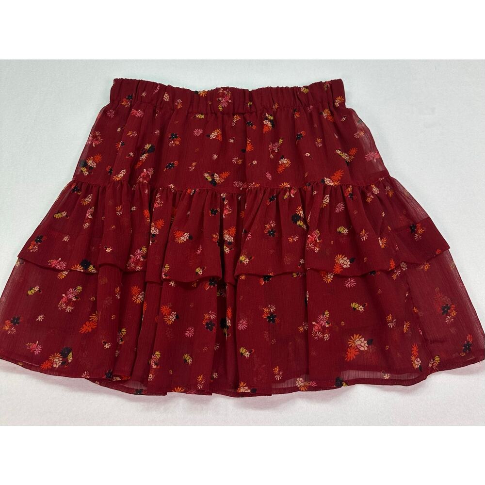 Free People “From The Valley” Floral Tiered Ruffle Mini Skirt burgundy Size M - Picture 2 of 8
